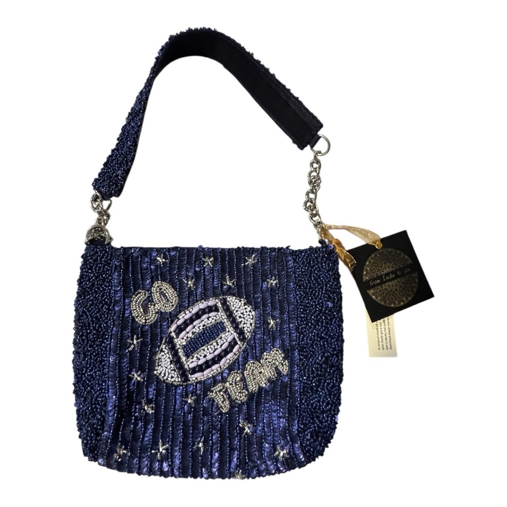Handcrafted Beaded Football Shoulder Bag โGO TEAMโ Navy Blue Viral Purse NWT